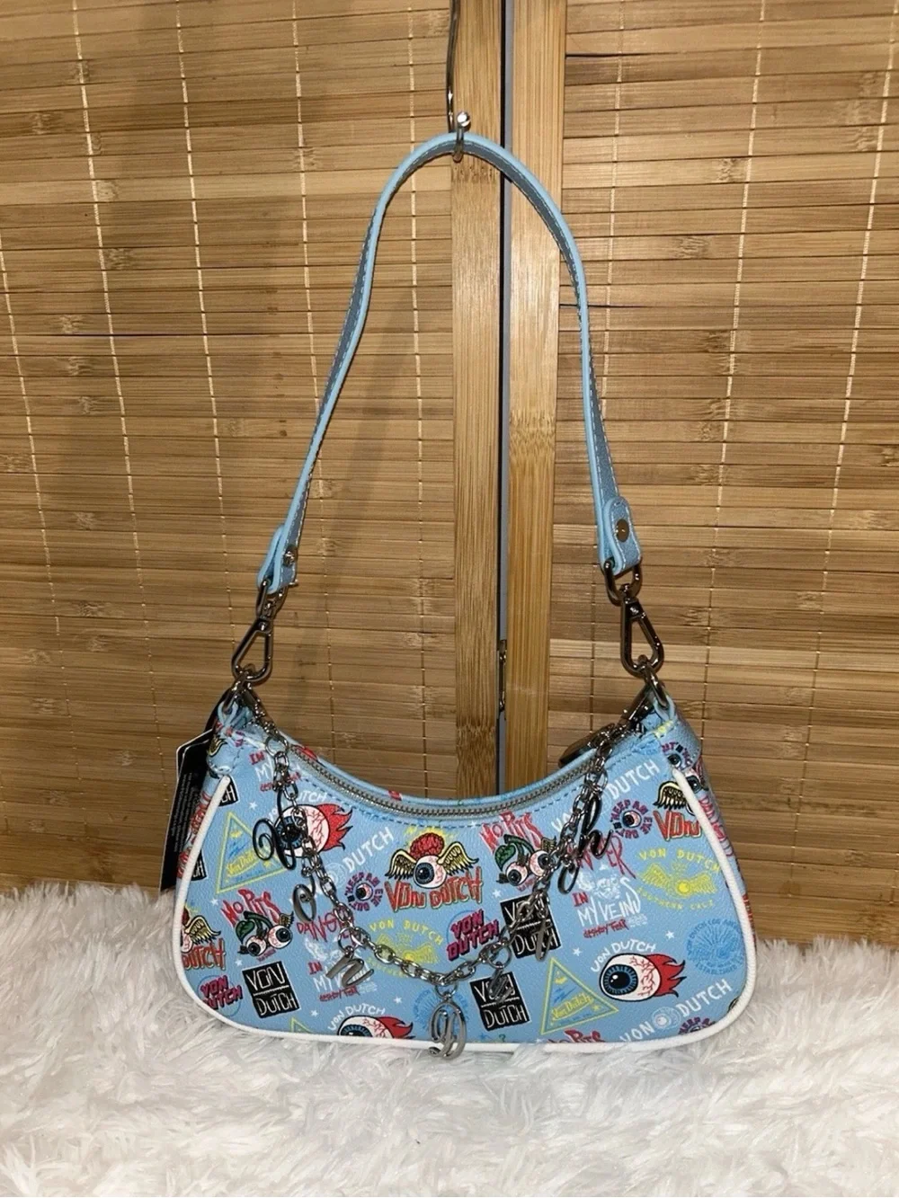 Von Dutch Blue Jax Shoulder Bag Y2K Eye Print Charm Chain Purse NWT Rare